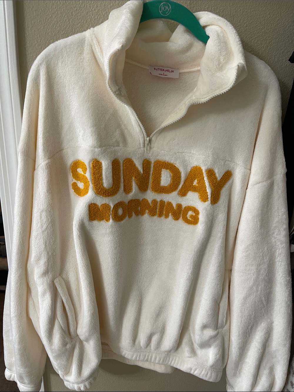 Cream Half-Zip Fleece Pullover with Mustard Lettering